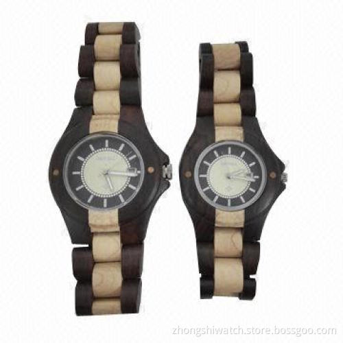 Inlaid Multicolored Natural Wood Watch, Hypoallergenic Men's Light & Dark Dual Dial